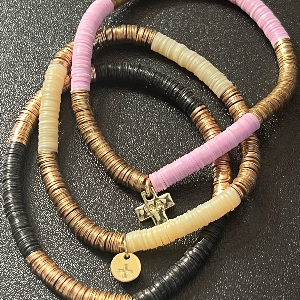 Ink + Alloy Set of 3 Stretch Sequin Gold With Black Pink Ivory Mini Coin Disks